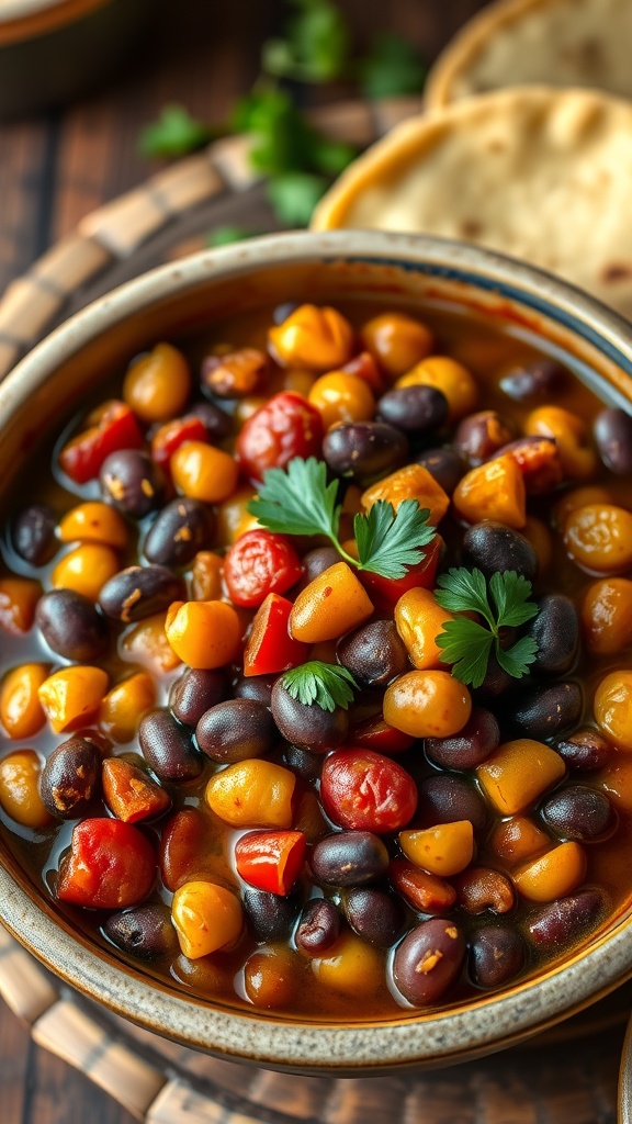 A hearty bowl of spiced bean medley with black, kidney beans, and chickpeas garnished with cilantro, served with tortillas.